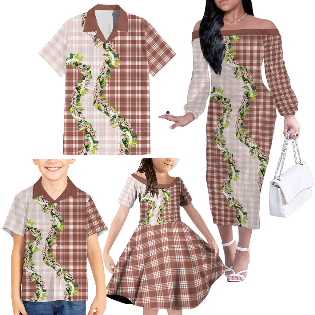 Mocha Hawaii Palaka Family Matching Off The Shoulder Long Sleeve Dress and Hawaiian Shirt Maile Pikake Honohono Orchid Lei