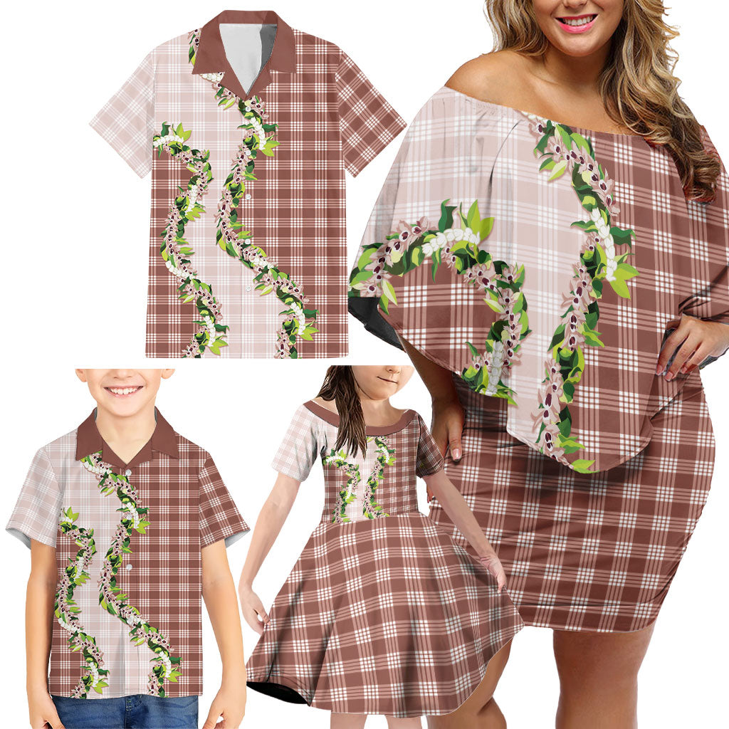 Mocha Hawaii Palaka Family Matching Off Shoulder Short Dress and Hawaiian Shirt Maile Pikake Honohono Orchid Lei LT05 - Polynesian Pride
