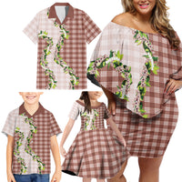 Mocha Hawaii Palaka Family Matching Off Shoulder Short Dress and Hawaiian Shirt Maile Pikake Honohono Orchid Lei