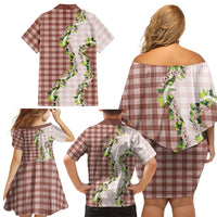 Mocha Hawaii Palaka Family Matching Off Shoulder Short Dress and Hawaiian Shirt Maile Pikake Honohono Orchid Lei
