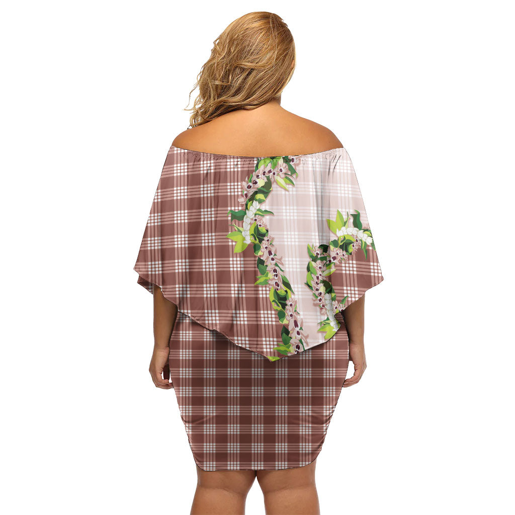 Mocha Hawaii Palaka Family Matching Off Shoulder Short Dress and Hawaiian Shirt Maile Pikake Honohono Orchid Lei