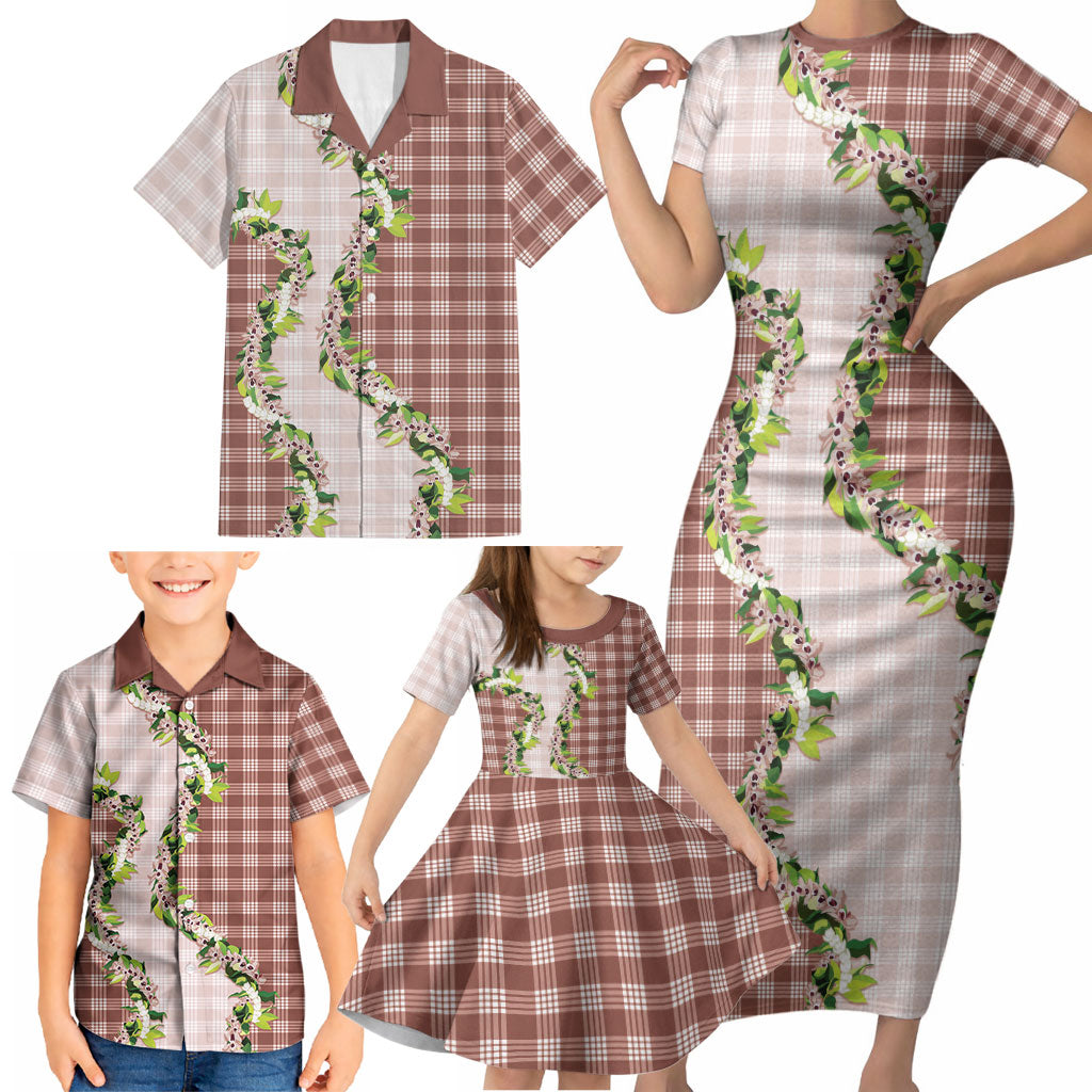 Mocha Hawaii Palaka Family Matching Short Sleeve Bodycon Dress and Hawaiian Shirt Maile Pikake Honohono Orchid Lei LT05 - Polynesian Pride