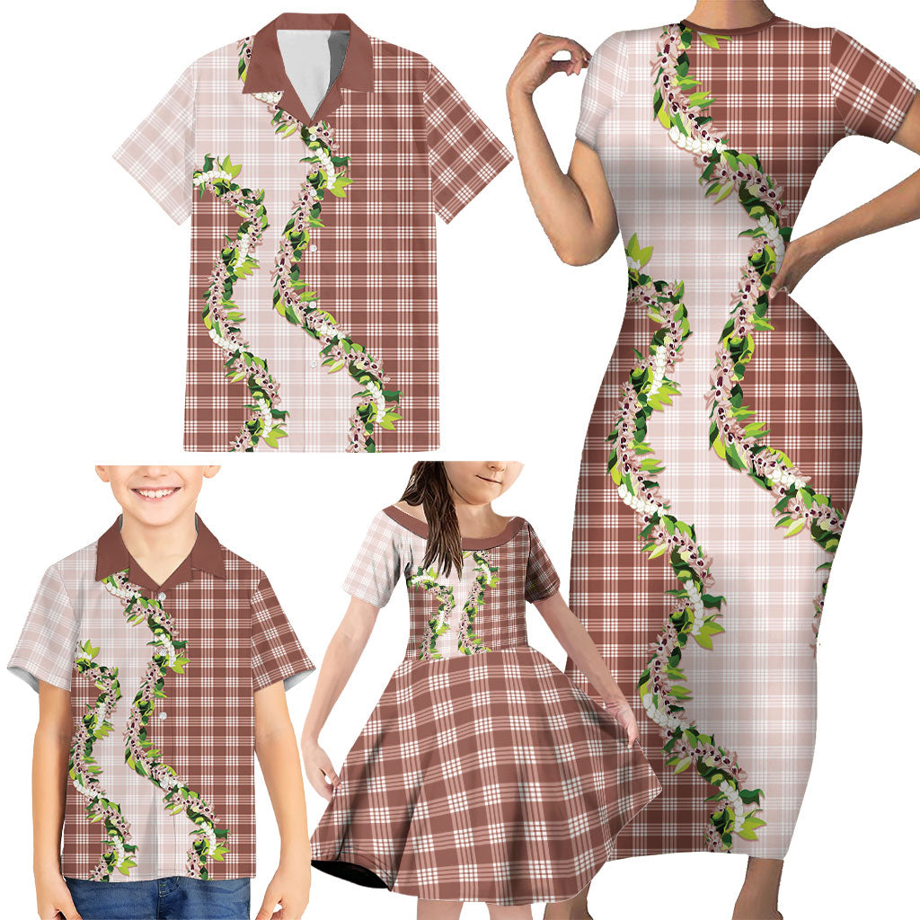 Mocha Hawaii Palaka Family Matching Short Sleeve Bodycon Dress and Hawaiian Shirt Maile Pikake Honohono Orchid Lei LT05 - Polynesian Pride