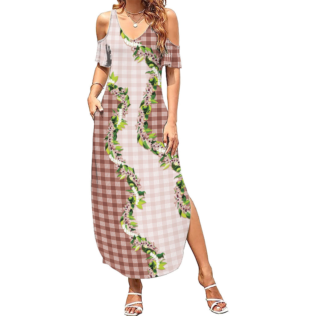 Mocha Hawaii Palaka Family Matching Summer Maxi Dress and Hawaiian Shirt Maile Pikake Honohono Orchid Lei