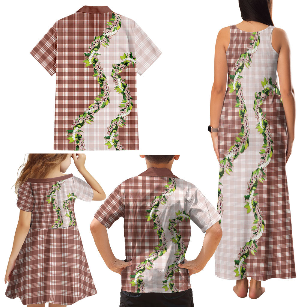 Mocha Hawaii Palaka Family Matching Tank Maxi Dress and Hawaiian Shirt Maile Pikake Honohono Orchid Lei