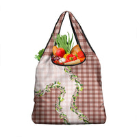 Mocha Hawaii Palaka Grocery Bag Maile Pikake Honohono Orchid Lei