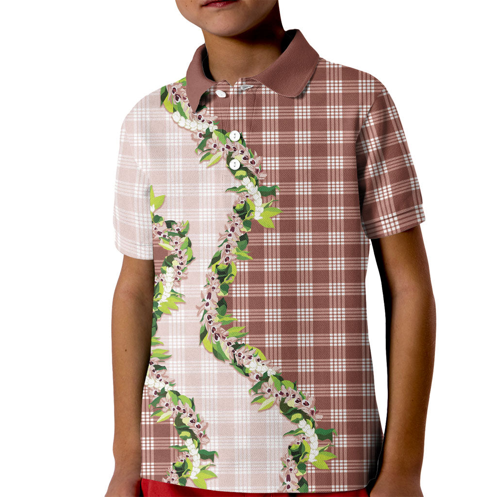 Mocha Hawaii Palaka Kid Polo Shirt Maile Pikake Honohono Orchid Lei