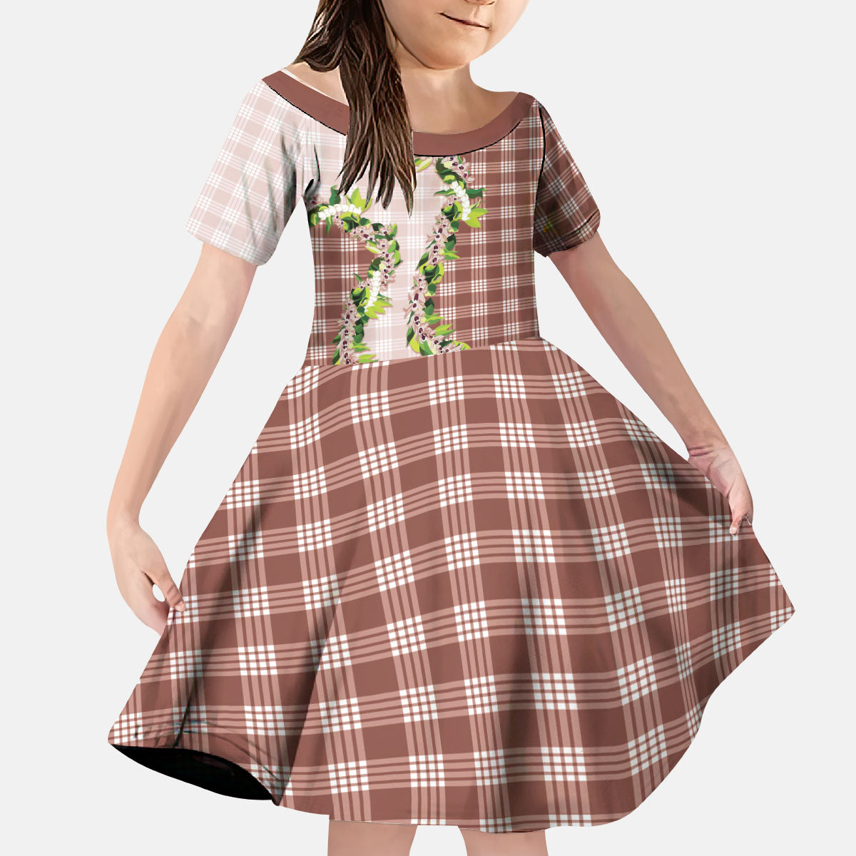 Mocha Hawaii Palaka Kid Short Sleeve Dress Maile Pikake Honohono Orchid Lei