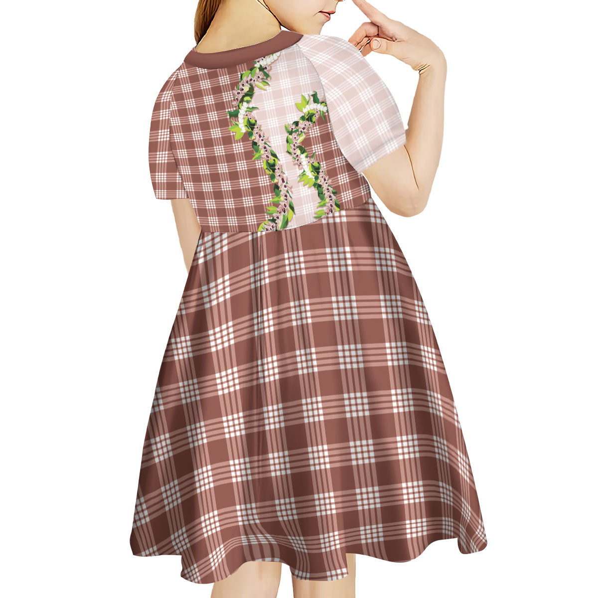 Mocha Hawaii Palaka Kid Short Sleeve Dress Maile Pikake Honohono Orchid Lei