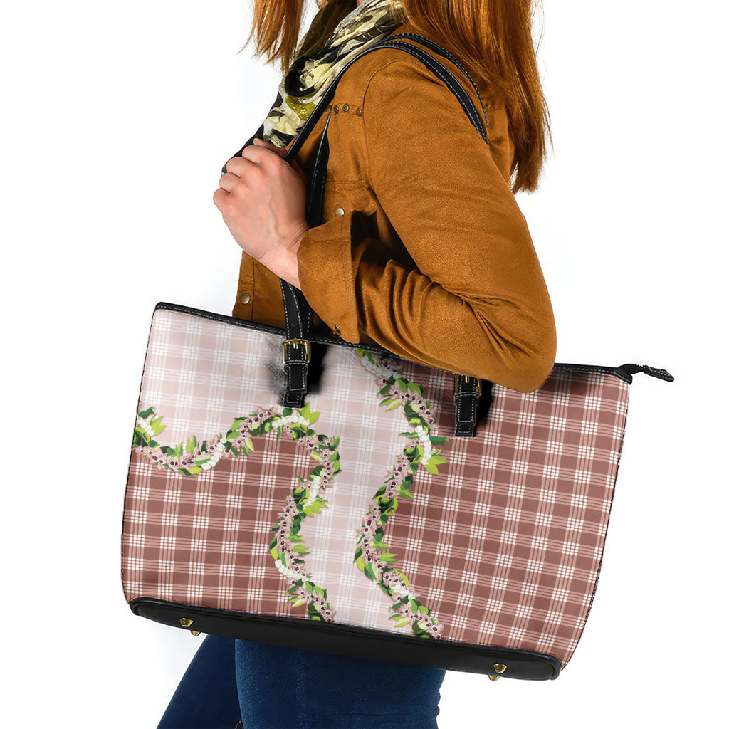 Mocha Hawaii Palaka Leather Tote Bag Maile Pikake Honohono Orchid Lei LT05 Mocha - Polynesian Pride
