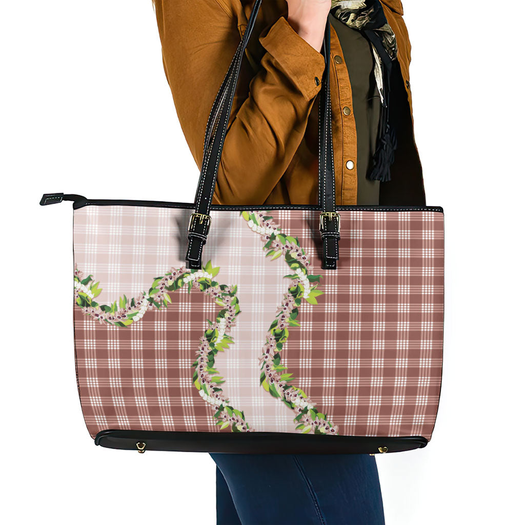 Mocha Hawaii Palaka Leather Tote Bag Maile Pikake Honohono Orchid Lei LT05 - Polynesian Pride