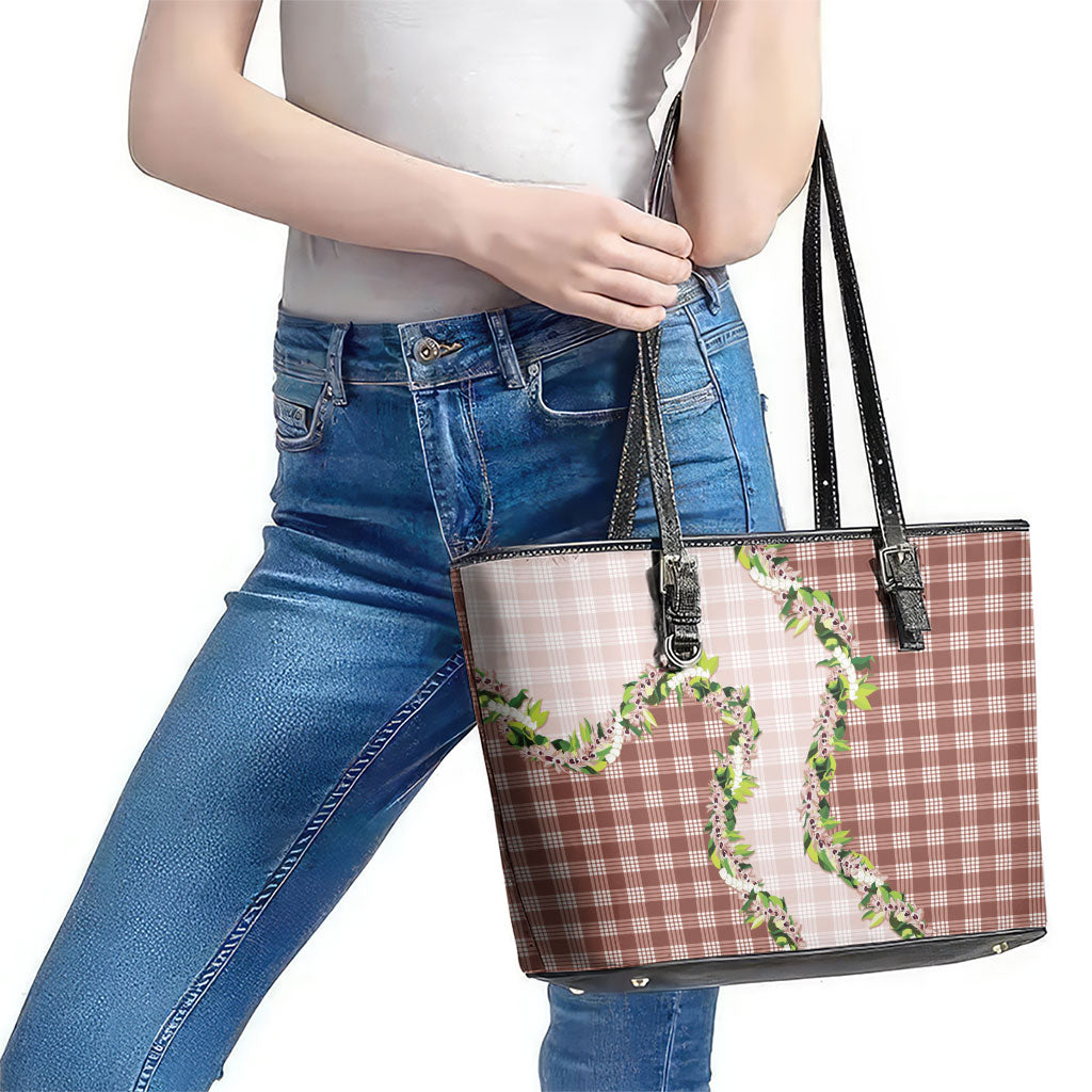 Mocha Hawaii Palaka Leather Tote Bag Maile Pikake Honohono Orchid Lei LT05 - Polynesian Pride