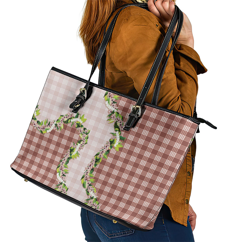 Mocha Hawaii Palaka Leather Tote Bag Maile Pikake Honohono Orchid Lei LT05 - Polynesian Pride