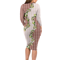 Mocha Hawaii Palaka Long Sleeve Bodycon Dress Maile Pikake Honohono Orchid Lei