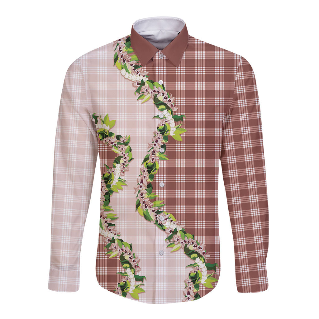 Mocha Hawaii Palaka Long Sleeve Button Shirt Maile Pikake Honohono Orchid Lei LT05 Unisex Mocha - Polynesian Pride