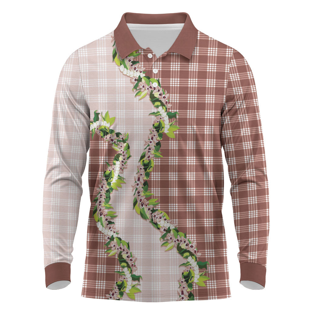 Mocha Hawaii Palaka Long Sleeve Polo Shirt Maile Pikake Honohono Orchid Lei