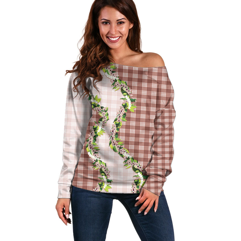 Mocha Hawaii Palaka Off Shoulder Sweater Maile Pikake Honohono Orchid Lei LT05 Women Mocha - Polynesian Pride