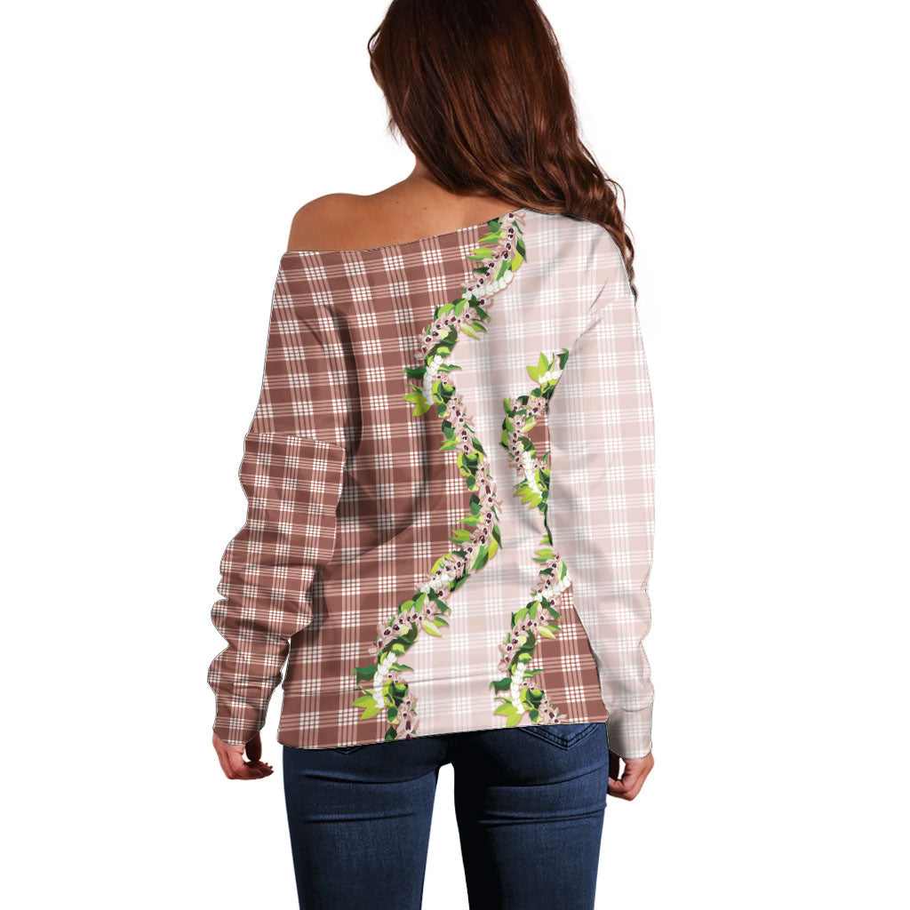 Mocha Hawaii Palaka Off Shoulder Sweater Maile Pikake Honohono Orchid Lei LT05 - Polynesian Pride