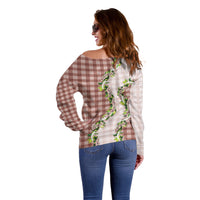 Mocha Hawaii Palaka Off Shoulder Sweater Maile Pikake Honohono Orchid Lei LT05 - Polynesian Pride