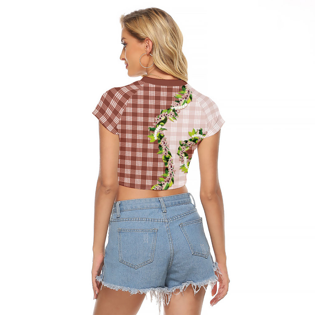 Mocha Hawaii Palaka Raglan Cropped T Shirt Maile Pikake Honohono Orchid Lei