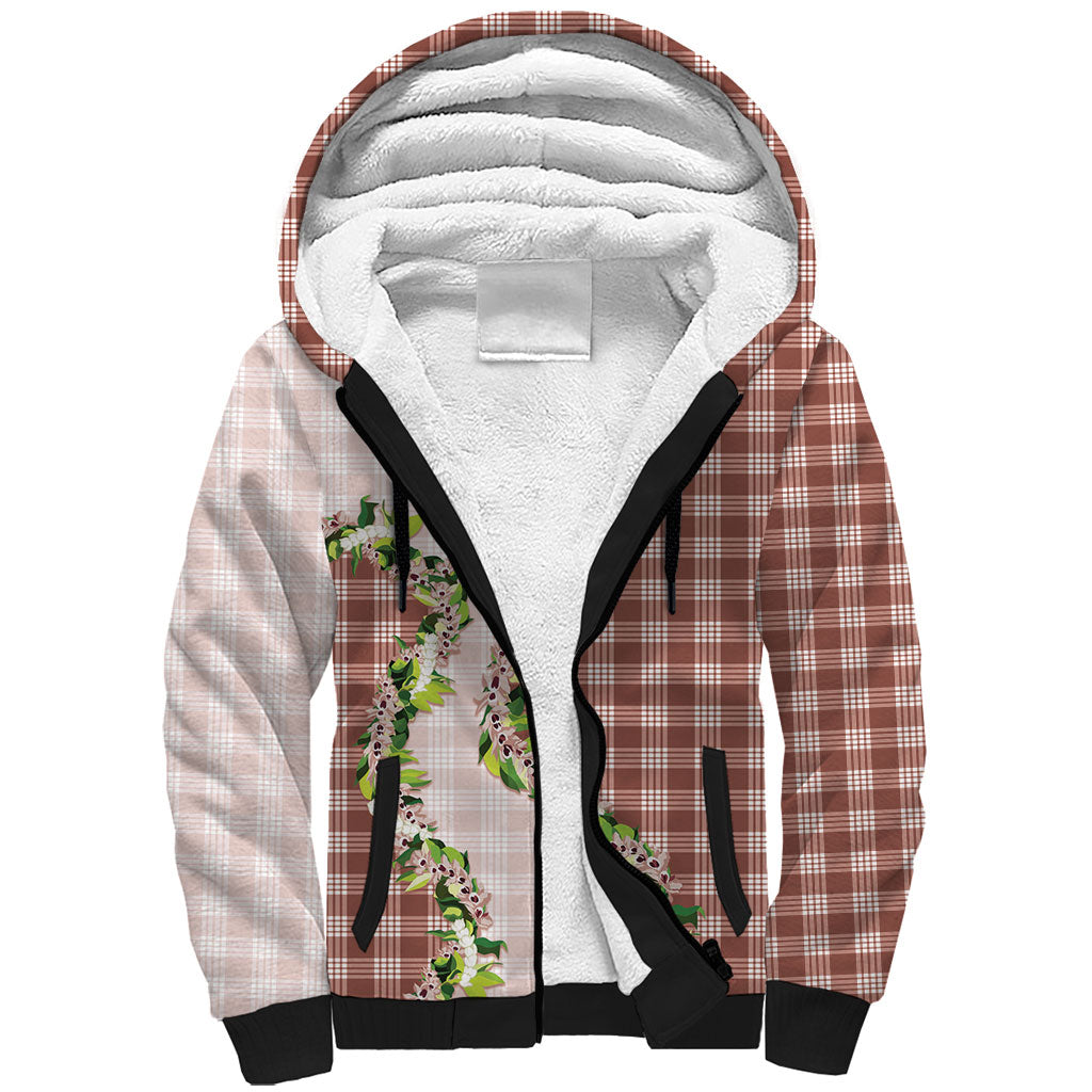 Mocha Hawaii Palaka Sherpa Hoodie Maile Pikake Honohono Orchid Lei