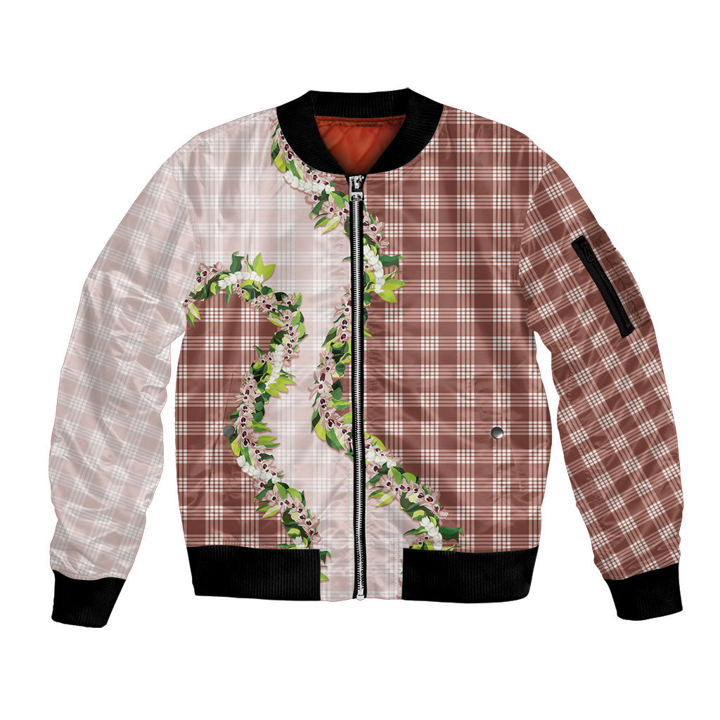 Mocha Hawaii Palaka Sleeve Zip Bomber Jacket Maile Pikake Honohono Orchid Lei LT05 Unisex Mocha - Polynesian Pride