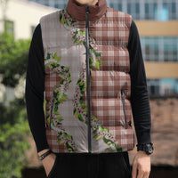 Mocha Hawaii Palaka Sleeveless Puffer Jacket Maile Pikake Honohono Orchid Lei