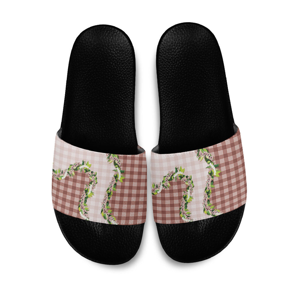 Mocha Hawaii Palaka Slide Sandals Maile Pikake Honohono Orchid Lei
