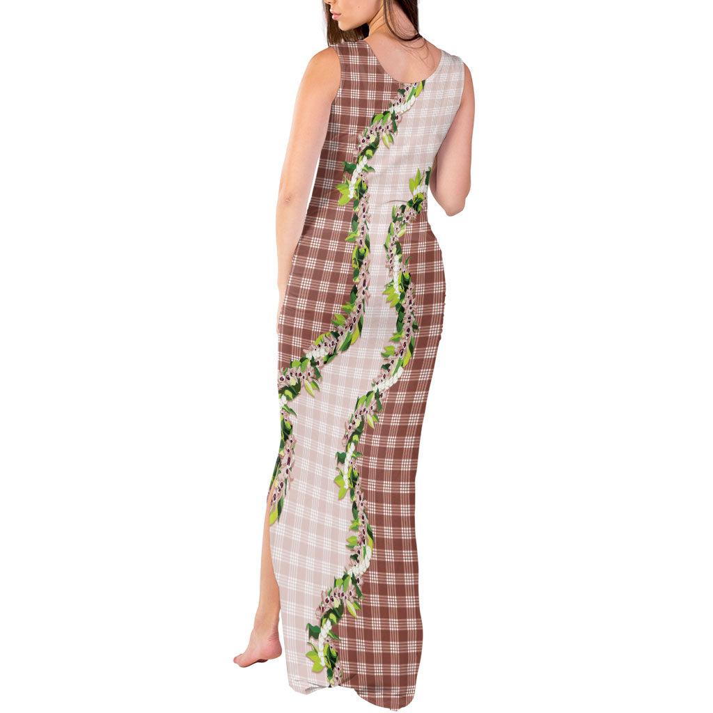 Mocha Hawaii Palaka Tank Maxi Dress Maile Pikake Honohono Orchid Lei