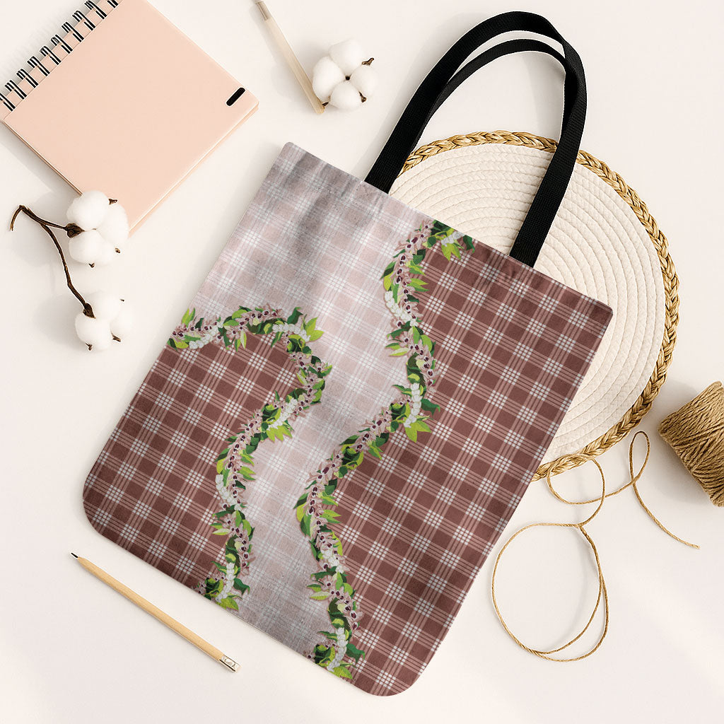 Mocha Hawaii Palaka Tote Bag Maile Pikake Honohono Orchid Lei LT05 Black Strap One Size Mocha - Polynesian Pride