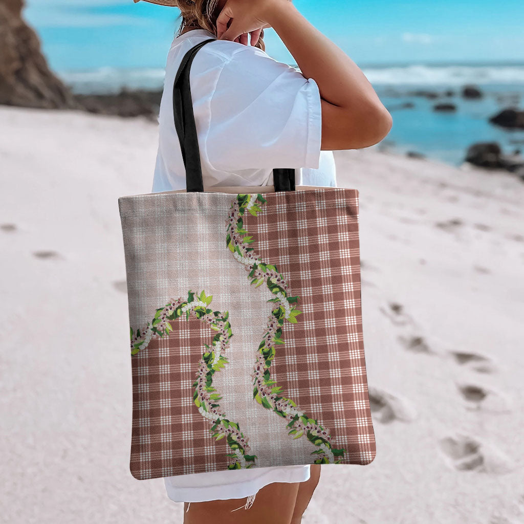 Mocha Hawaii Palaka Tote Bag Maile Pikake Honohono Orchid Lei