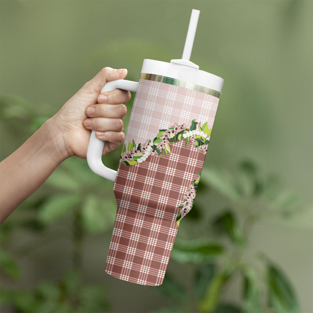 Mocha Hawaii Palaka Tumbler With Handle Maile Pikake Honohono Orchid Lei LT05 - Polynesian Pride