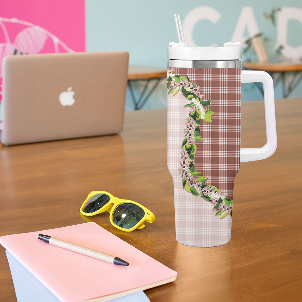 Mocha Hawaii Palaka Tumbler With Handle Maile Pikake Honohono Orchid Lei LT05 - Polynesian Pride