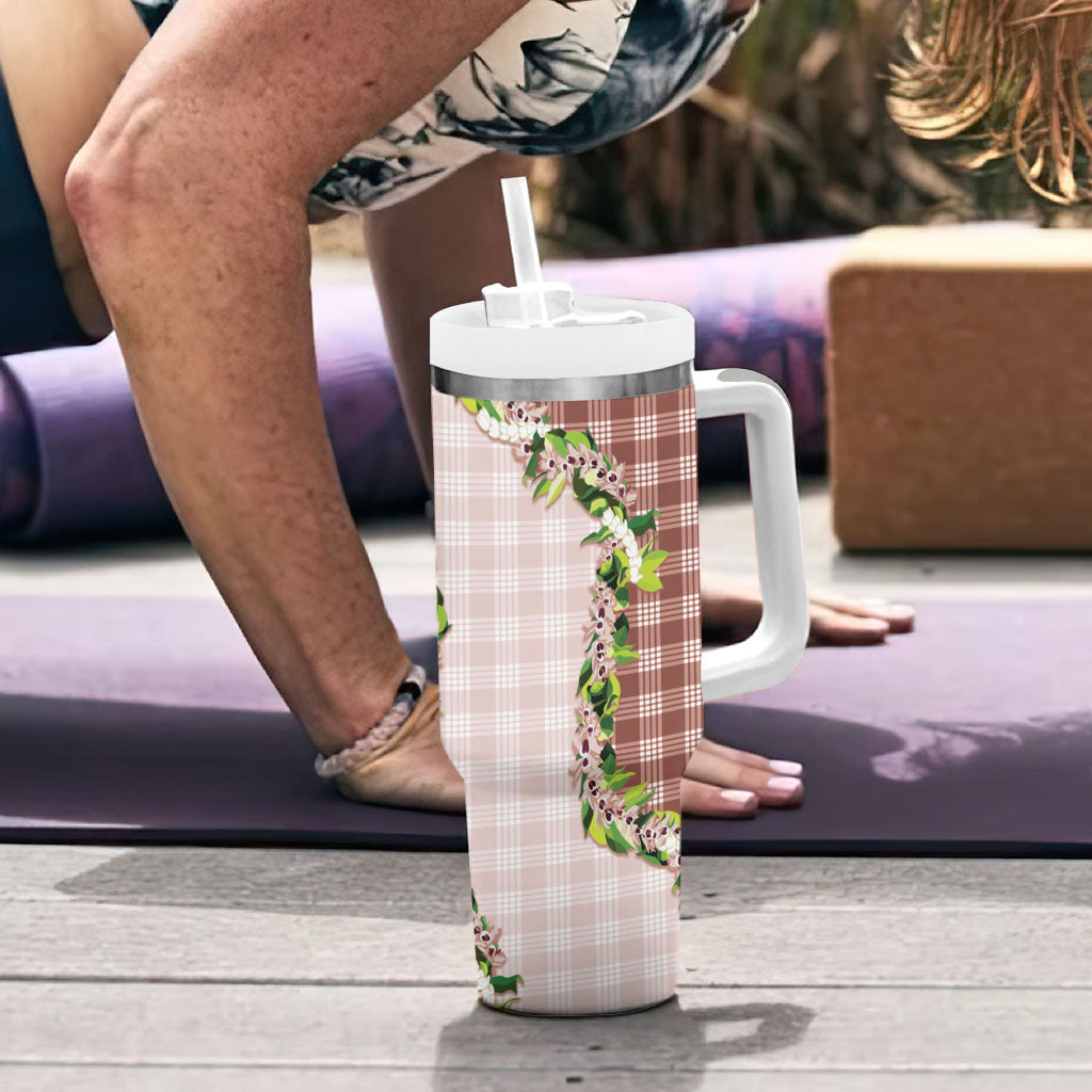 Mocha Hawaii Palaka Tumbler With Handle Maile Pikake Honohono Orchid Lei LT05 - Polynesian Pride