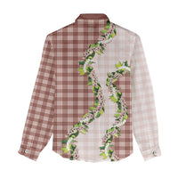 Mocha Hawaii Palaka Women Casual Shirt Maile Pikake Honohono Orchid Lei