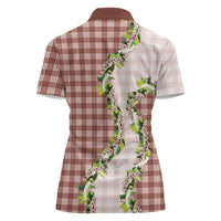 Mocha Hawaii Palaka Women Polo Shirt Maile Pikake Honohono Orchid Lei