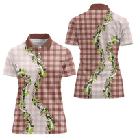 Mocha Hawaii Palaka Women Polo Shirt Maile Pikake Honohono Orchid Lei