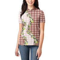 Mocha Hawaii Palaka Women Polo Shirt Maile Pikake Honohono Orchid Lei