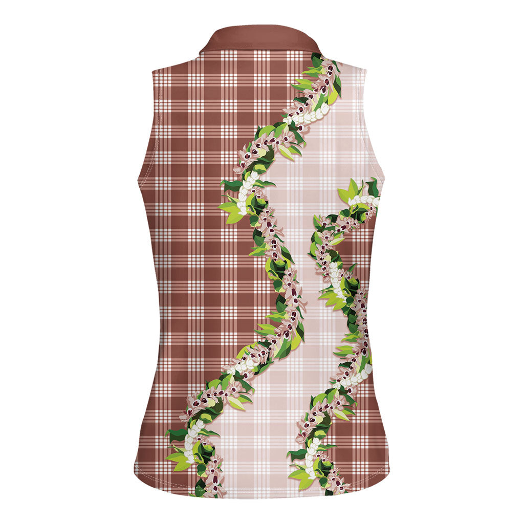 Mocha Hawaii Palaka Women Sleeveless Polo Shirt Maile Pikake Honohono Orchid Lei