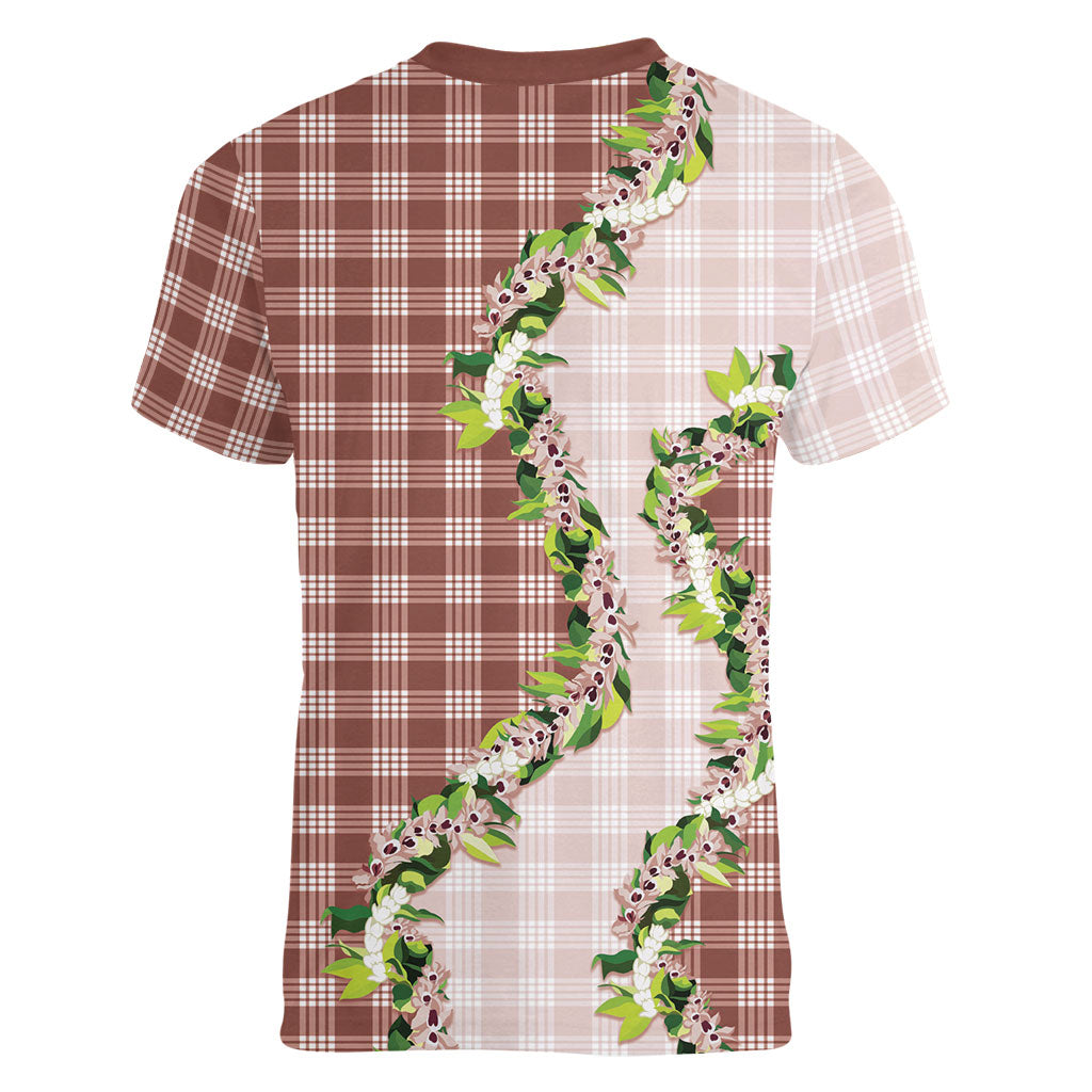 Mocha Hawaii Palaka Women V-Neck T-Shirt Maile Pikake Honohono Orchid Lei