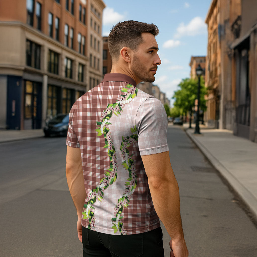 Mocha Hawaii Palaka Zipper Polo Shirt Maile Pikake Honohono Orchid Lei