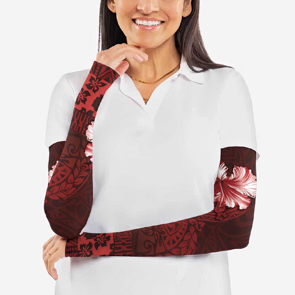 Hawaii Hibiscus With Oxblood Polynesian Pattern Arm Sleeves - Polynesian Pride