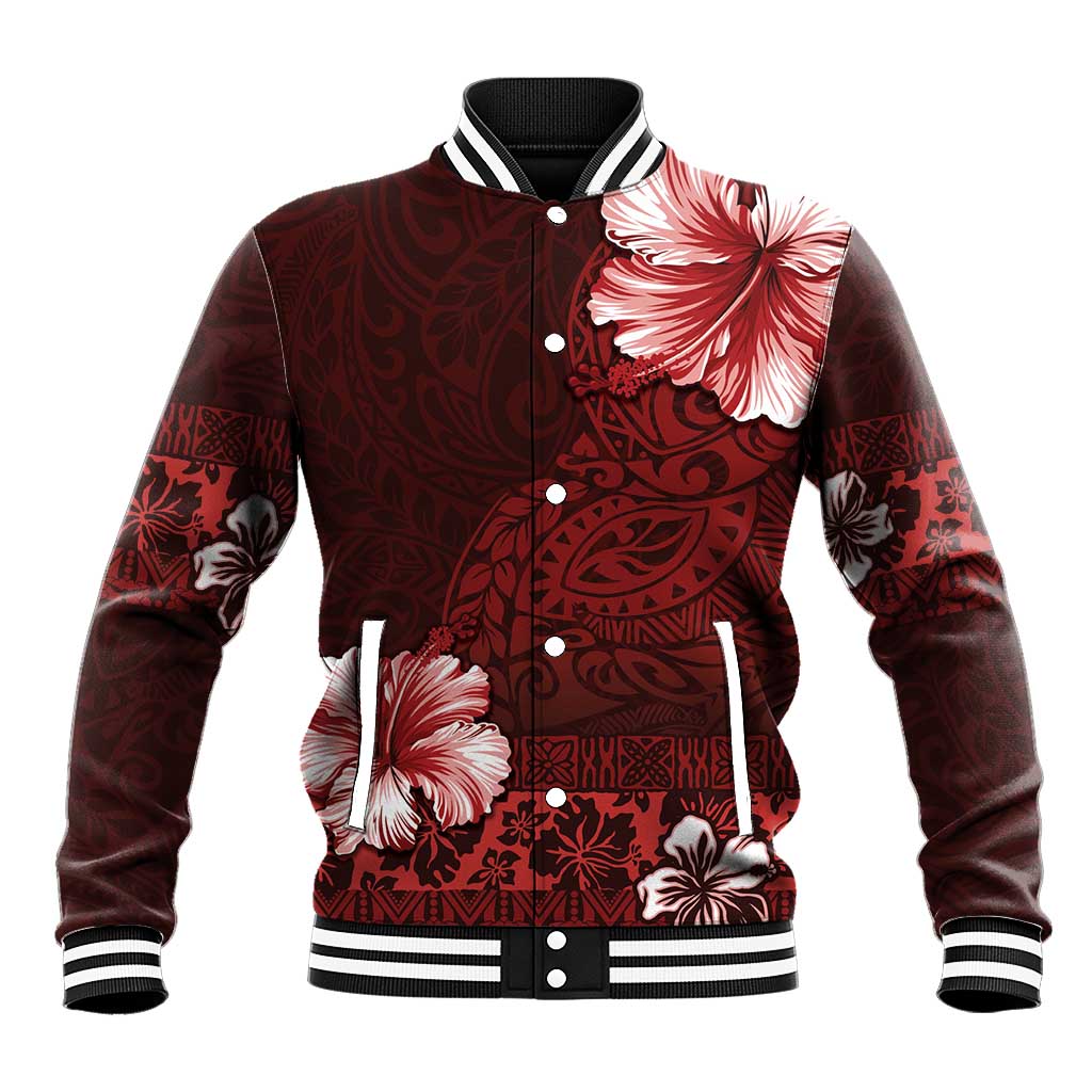 Hawaii Hibiscus With Oxblood Polynesian Pattern Baseball Jacket LT05 Unisex Red - Polynesian Pride