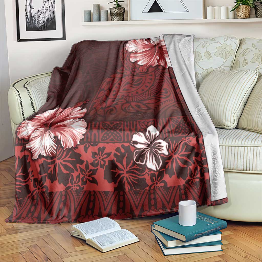 Hawaii Hibiscus With Oxblood Polynesian Pattern Blanket