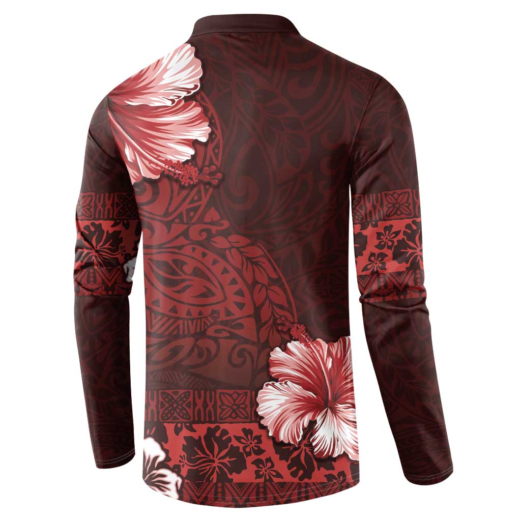 Hawaii Hibiscus With Oxblood Polynesian Pattern Button Sweatshirt LT05 - Polynesian Pride