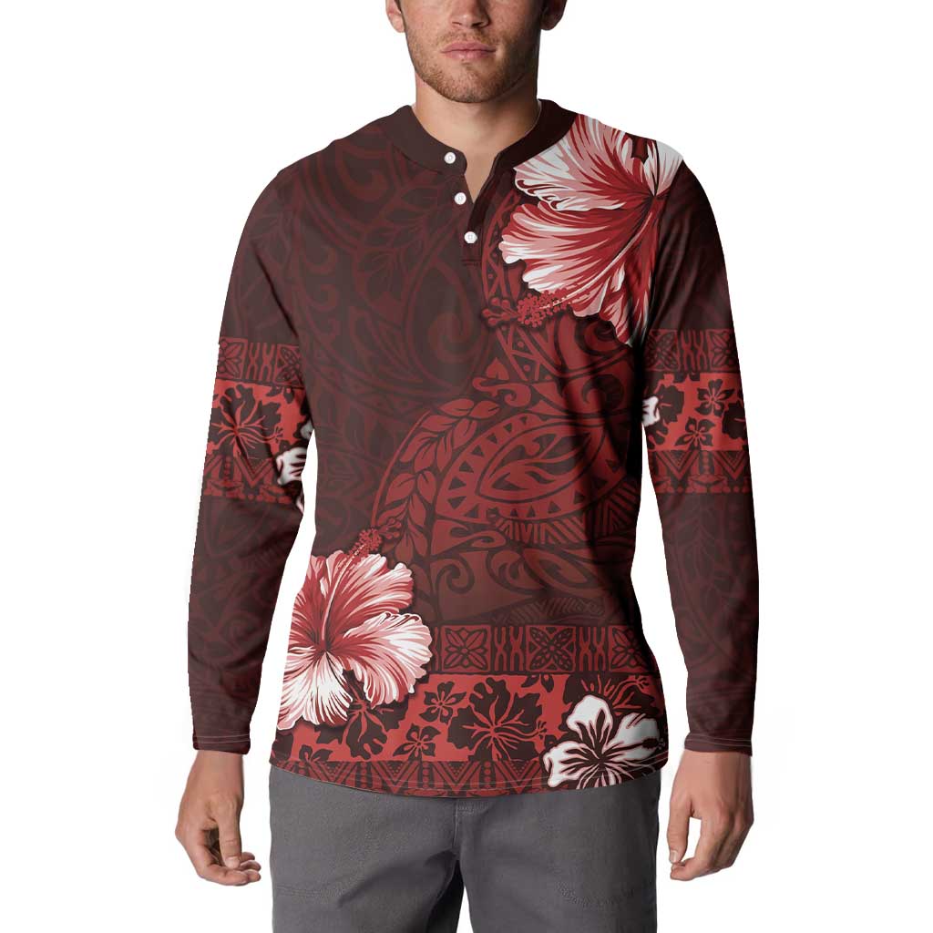 Hawaii Hibiscus With Oxblood Polynesian Pattern Button Sweatshirt LT05 - Polynesian Pride