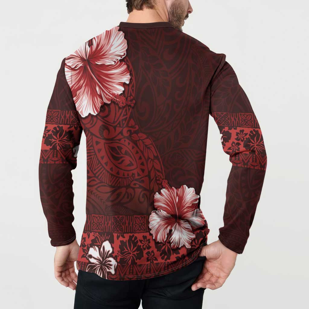 Hawaii Hibiscus With Oxblood Polynesian Pattern Button Sweatshirt LT05 - Polynesian Pride