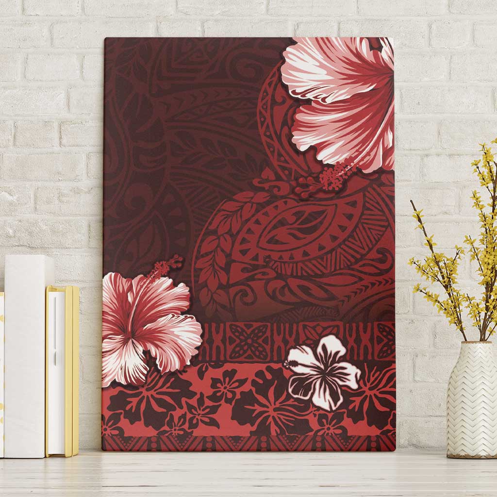 Hawaii Hibiscus With Oxblood Polynesian Pattern Canvas Wall Art