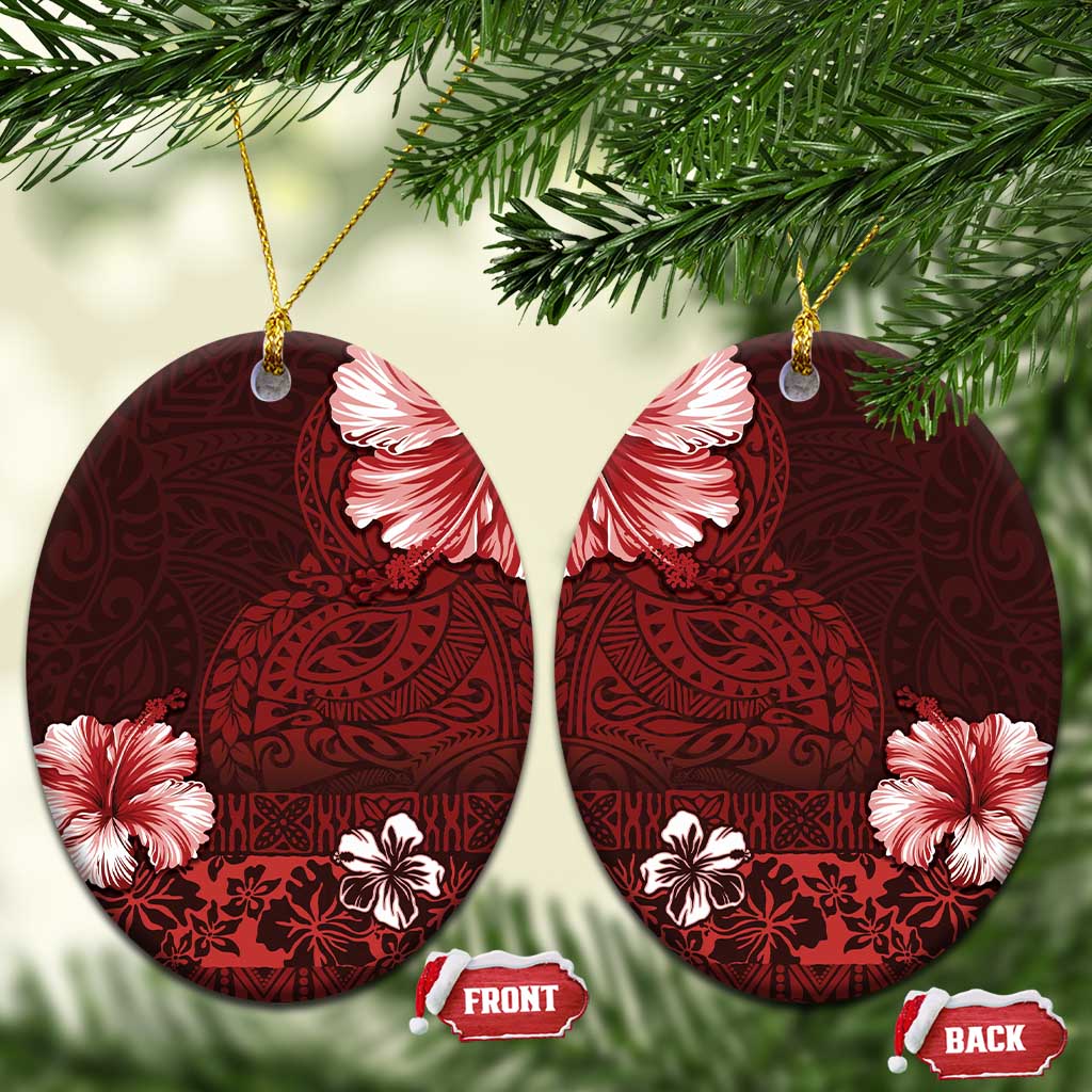 Hawaii Hibiscus With Oxblood Polynesian Pattern Ceramic Ornament LT05 Oval Red - Polynesian Pride