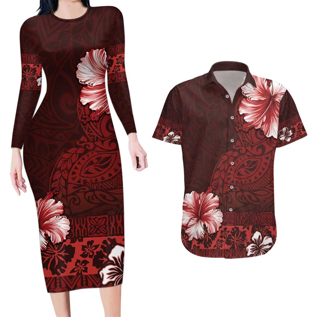 Hawaii Hibiscus With Oxblood Polynesian Pattern Couples Matching Long Sleeve Bodycon Dress and Hawaiian Shirt LT05 Red - Polynesian Pride